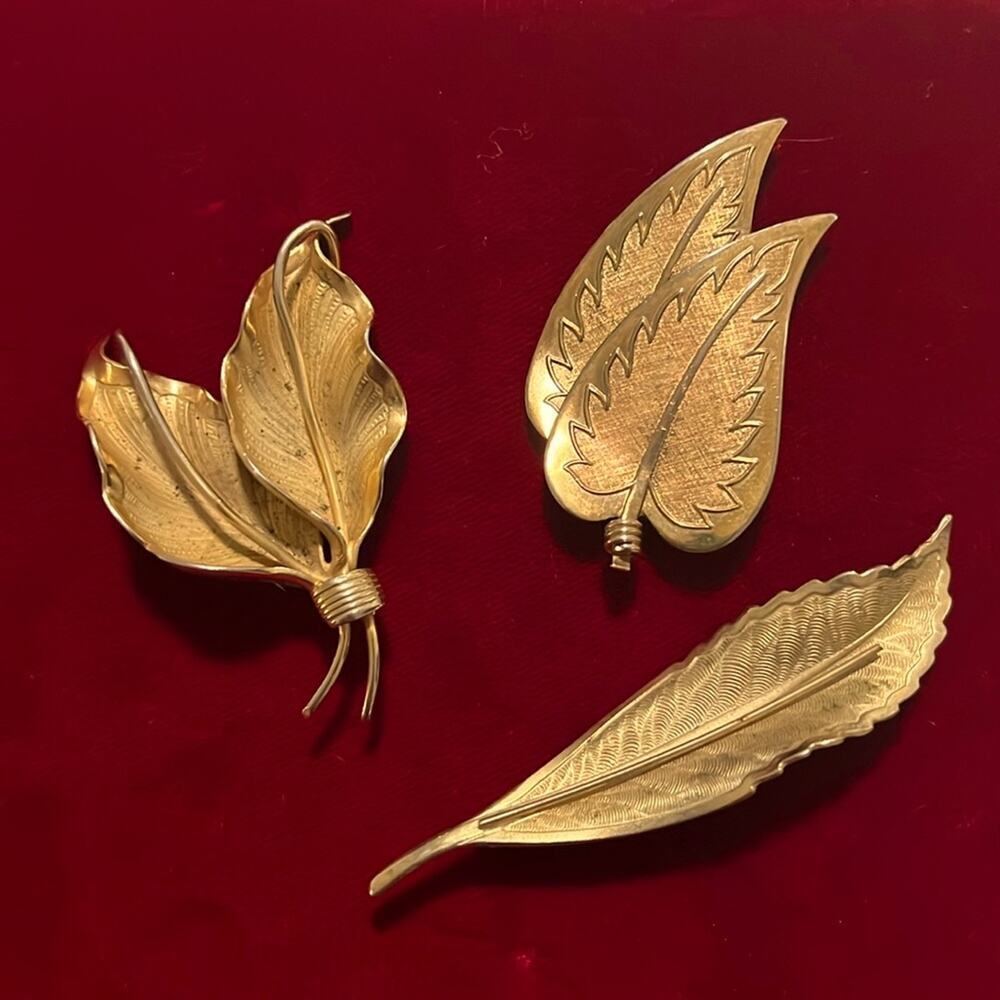 Three Vintage Gold Leaf Brooches